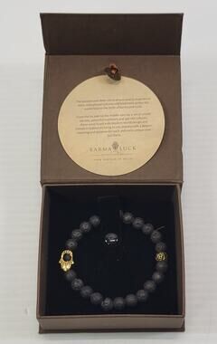*C54) Karma and Luck Black Lava Rock Hamsa Hand Beaded Bracelet